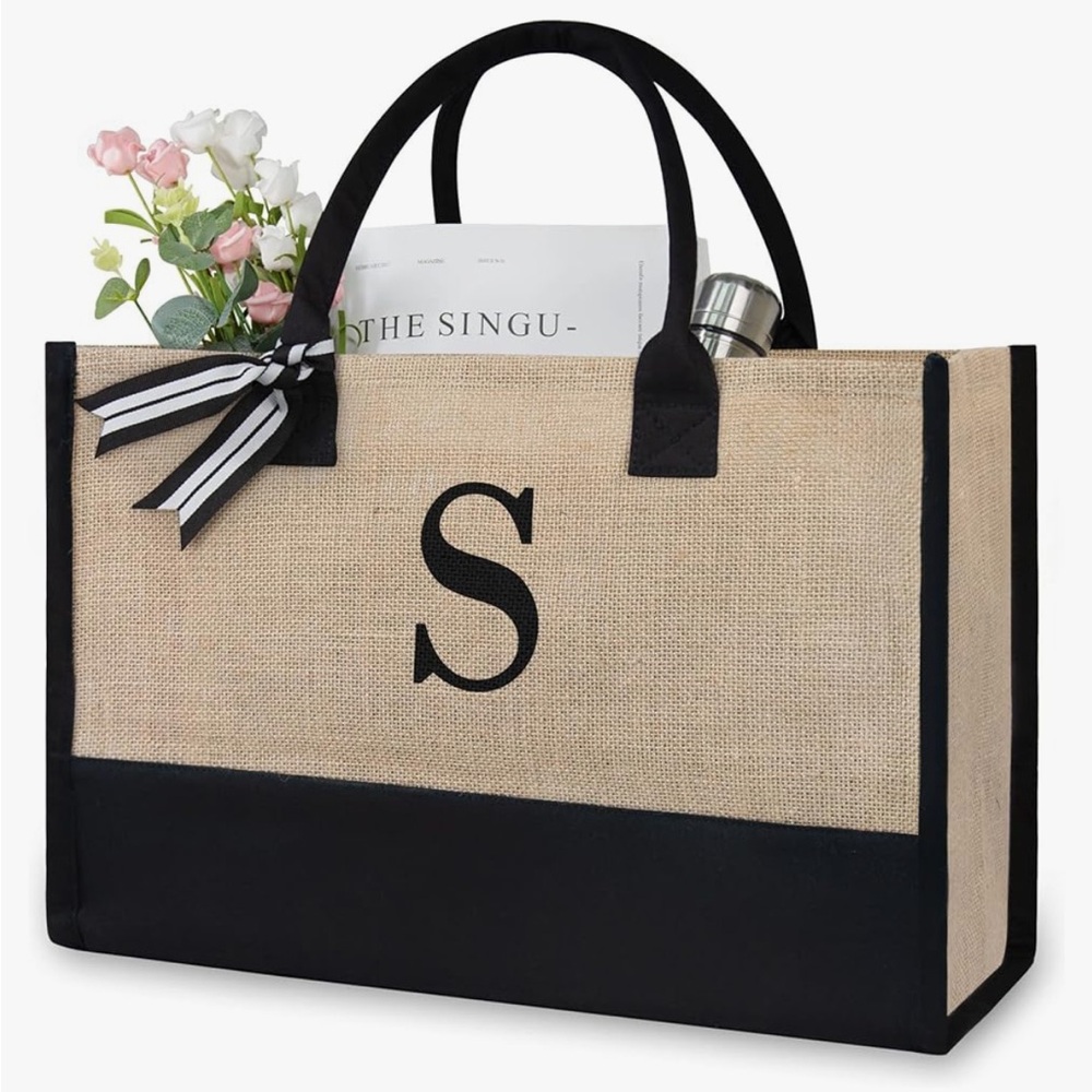 Monogrammed Jute Tote Bag – Black & Natural